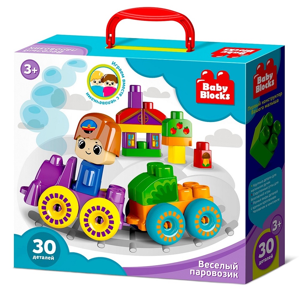 картинка Конструктор пластиковый Веселый паровозик 30 деталей Baby Blocks, 03908, Десятое Королевство  от магазина ДетсадЯр