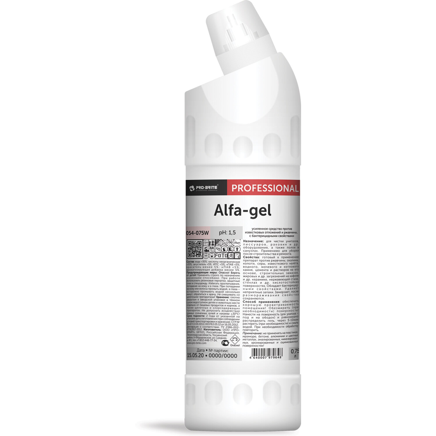 картинка Средство для уборки санитарных помещений 750 мл, PRO-BRITE ALFA-GEL, кислотное, концентрат, гель, 054-075 от магазина ДетсадЯр