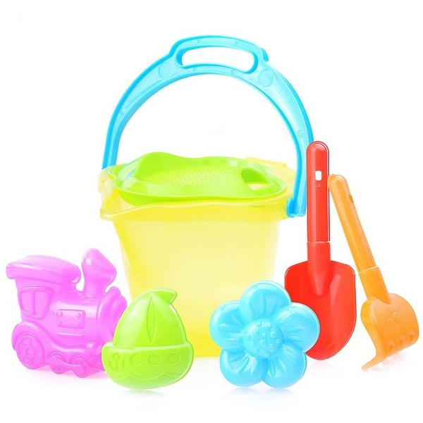 картинка Песочный набор № 135 Ведро 1,1 л кувшин прозрачное, сито, лопатка 19 см, грабли 19 см, 3 формочки, Стеллар от магазина ДетсадЯр