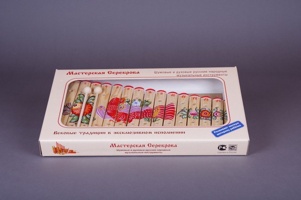 картинка Ксилофон диатонический Ля мажор (15 пластин, на низком резонаторе, ель) с художественной росписью, Мастерская сереброва, к1-кс-06 от компании Партнер